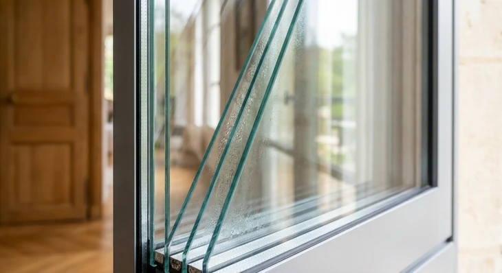Gros plan rapproché et détaillé sur une vitre de fenêtre résidentielle moderne montrant clairement les trois couches de verre d'une fenêtre triple vitrage, avec condensation légère ou reflet lumineux visible mettant en évidence la profondeur et l'épaisseur des vitrages empilés. Intérieur résidentiel naturel visible à travers la fenêtre, cadre en aluminium ou PVC moderne, éclairage naturel mettant en évidence la qualité et l'isolation thermique de la structure.