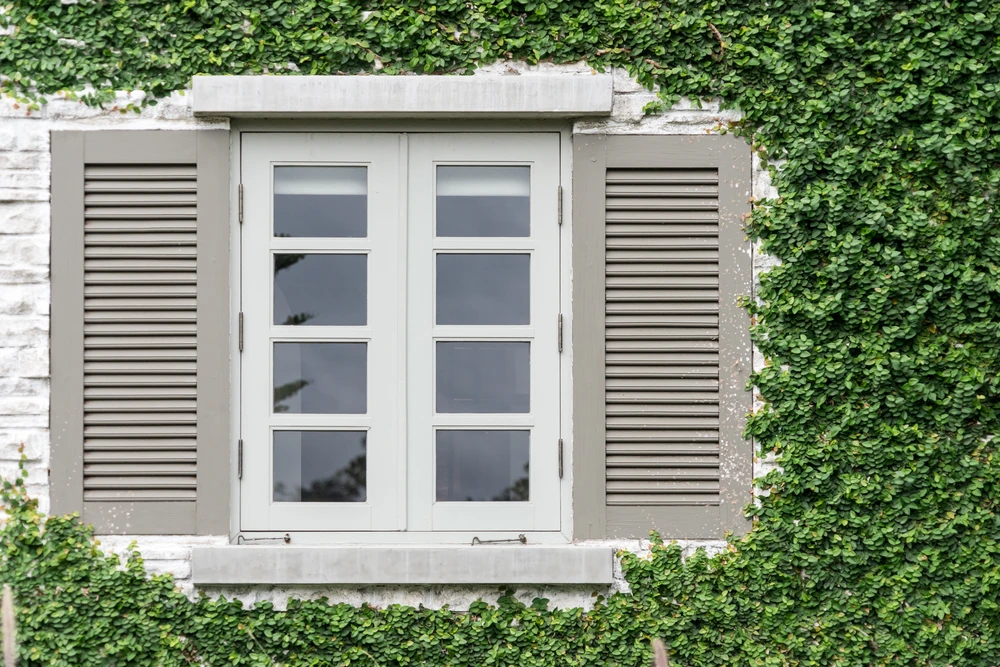 Façade extérieure d'une maison avec fenêtre à la française encadrée de volets battants à persiennes