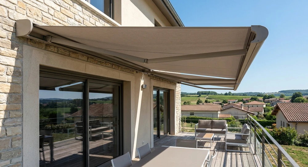Une terrasse ou balcon résidentiel équipé de stores enroulables blancs ou de couleur neutre, partiellement déployés pour créer une zone ombragée. La photo doit montrer clairement le système de stores en place sur la façade ou au-dessus de la baie vitrée, avec un rendu professionnel et une mise en œuvre de qualité typique des chantiers de pose. Cadrage large montrant l'intégration harmonieuse du store à l'architecture résiduelle moderne.