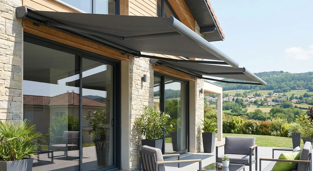 Terrasse ou balcon résidentiel avec stores enroulables gris anthracite déployés au-dessus de baies vitrées, créant une zone ombragée. La façade montre clairement la pose professionnelle des stores sur la structure du bâtiment. Cadrage montrant l'installation complète dans un contexte résidentiel moderne et lumineux, avec vue partielle de la terrasse aménagée en arrière-plan.