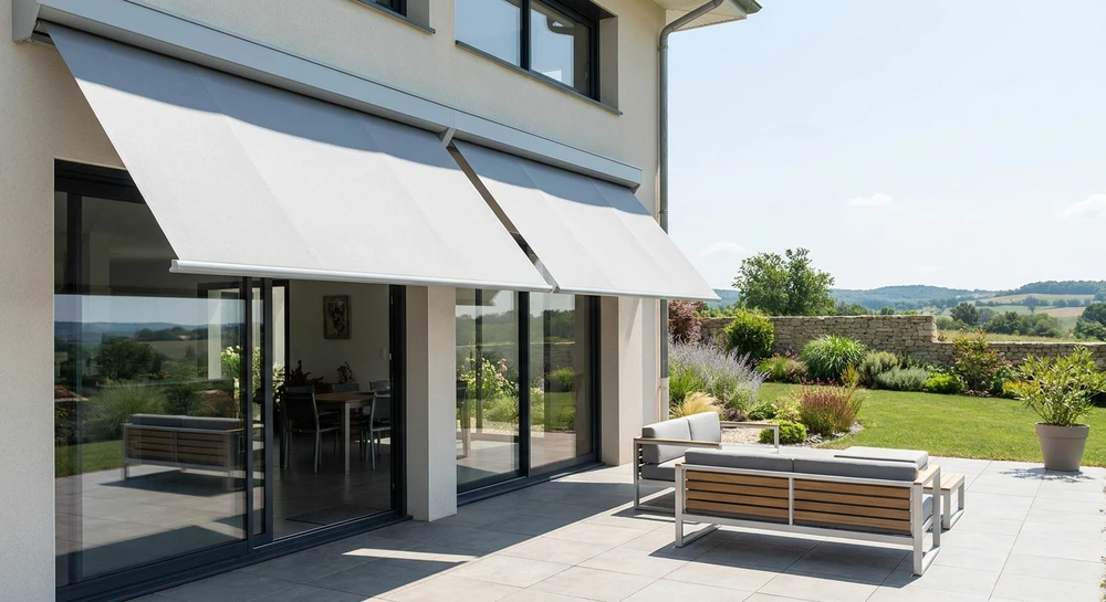 Terrasse résiduelle spacieuse équipée de stores enroulables déployés en position mi-fermée de couleur gris clair, installés sur la facade au-dessus de baies vitrées hautes. L'angle de vue montre la pose professionnelle et l'intégration harmonieuse du système sur le bâtiment moderne. En arrière-plan, un jardin bien entretenu avec mobilier extérieur minimaliste. La scène est photographiée en milieu de journée avec lumière naturelle, mettant en évidence la qualité de la mise en œuvre et l'effet d'ombrage créé par les stores.