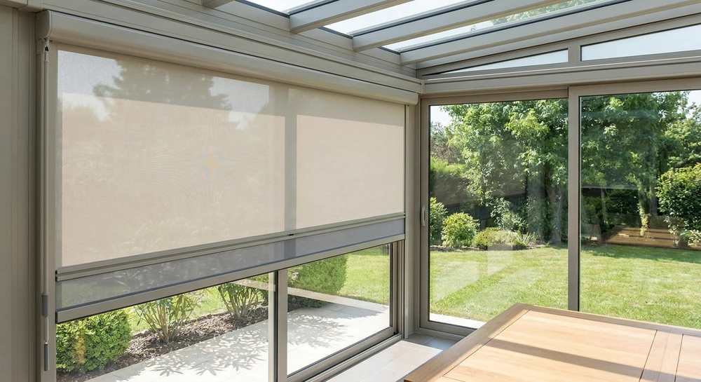 Volet roulant ou store enroulable beige/gris clair installé sur la fenêtre d'une véranda moderne, partiellement déployé pour créer une zone ombragée à l'intérieur. La véranda possède une structure en aluminium et des vitrages, avec vue sur un jardin en arrière-plan. La photo montrant clairement la pose professionnelle du système de fermeture intégré à la structure de la véranda, photographiée en lumière naturelle de jour pour mettre en évidence la qualité de l'installation et l'effet d'occultation créé.