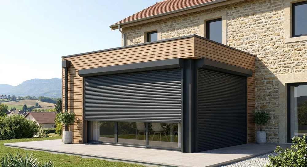 Terrasse ou balcon résidentiel équipé de stores enroulables noirs ou gris anthracite déployés, offrant une occultation complète au-dessus de baies vitrées d'une maison contemporaine. La façade montre clairement l'installation professionnelle des stores sur la structure du bâtiment. Cadrage montrant l'intégration du store sur un bâtiment d'architecture différente de celles déjà illustrées (maison ancienne modernisée, chalet, pavillon, ou architecture régionale), photographiée en lumière naturelle de jour pour mettre en évidence la qualité de la mise en œuvre et le contraste visuel créé par la couleur sombre.