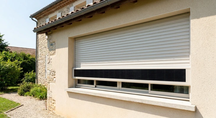Façade résidentielle claire montrant un volet roulant moderne avec une fine bande de cellule photovoltaïque noire intégrée en bas du coffre, installé sur une fenêtre de maison, en position semi-ouverte ou fermée, sous lumière naturelle ensoleillée, sans texte ni logo visible.