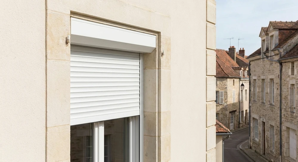 Vue rapprochée d'une fenêtre équipée d'un volet roulant blanc partiellement abaissé, montrant le détail du coffre de volet intégré en haut de la fenêtre et les lames du volet visible lors de sa descente, photographiée en lumière naturelle de jour, sur une façade résidentielle claire.