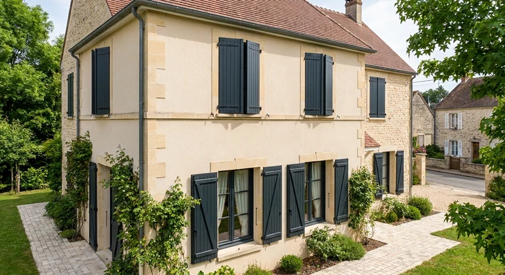 Façade extérieure d'une maison résidentielle avec des volets battants fermés de couleur foncée (bleu marine, gris anthracite ou noir) encadrant les fenêtres, style classique ou contemporain, montrant la finition et l'esthétique complète de ces fermetures battantes, en position fermée et/ou semi-ouverte pour bien visualiser le fonctionnement.
