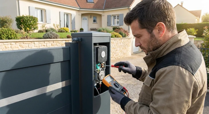 Technicien en tenue de travail professionnelle effectuant l'entretien d'un portail motorisé battant ou coulissant en aluminium devant une résidence. Le technicien inspecte et ajuste le système de motorisation, la chaîne de transmission ou les composants mécaniques. La scène montre clairement l'action d'entretien préventif avec des outils professionnels, en lumière naturelle en extérieur, le portail et son mécanisme étant le centre focal de l'image. L'environnement est une entrée résidentielle typique.