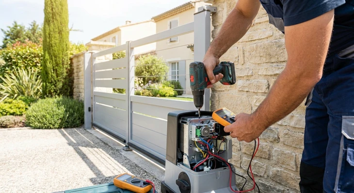 Technicien qualifié effectuant une intervention de maintenance ou réparation sur un portail motorisé coulissant ou battant en résidence, montrant l'examen ou l'ajustement du mécanisme motorisé, de la chaîne de transmission ou des composants techniques, avec outils professionnels à proximité. La scène se déroule en extérieur devant l'entrée d'une maison, le portail étant le sujet central de l'action de réparation.