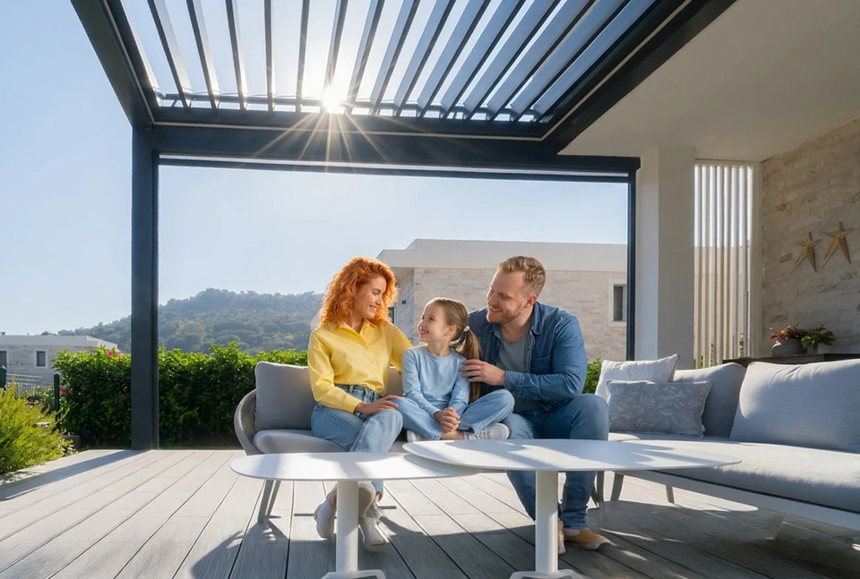 Terrasse extérieure couverte par pergola en bois avec éclairage intégré